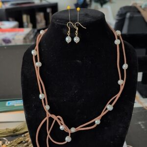 Pearl Accent Pink-Tan Suede Necklace and Earring Set